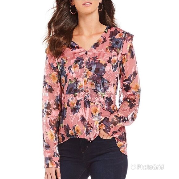 NICOLE MILLER Floral Print Silk Blouse Long Sleeve Burnout Ruffle Pink Small New - Picture 1 of 16